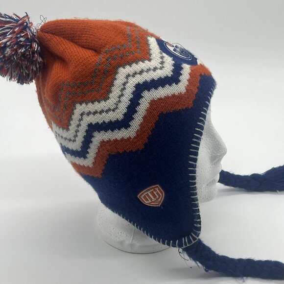 Edmonton Oilers Beanie Trapper Hat Winter Ski Tassels Old Time Hockey Knit Cap - Picture 7 of 10